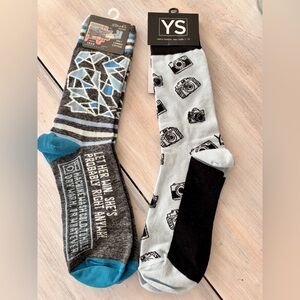 Men’s Crew Socks 2‑Pack: Blue Q “Let Her Win” & YS Camera Print. Size 7–12
